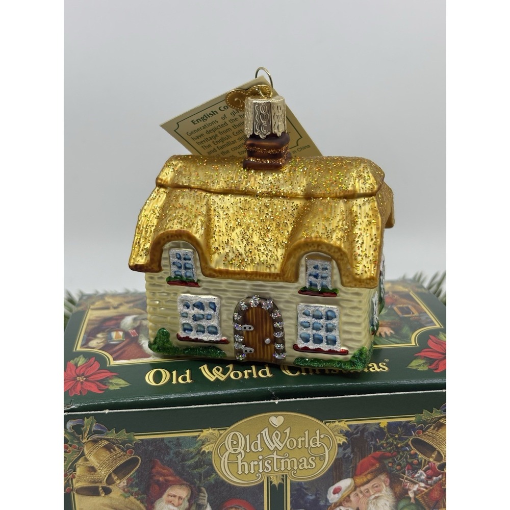 Old World English Cottage Glsss Ornament New Tags Box